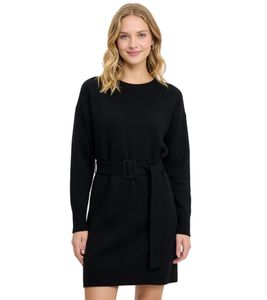 Vestido de punto cómodo para mujer, minivestido de manga larga con cinturón 921406 Negro