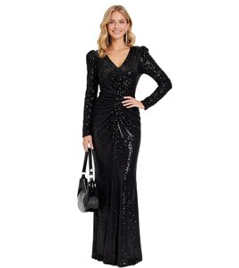 Vestido de noche brillante para mujer, vestido largo de lentejuelas de manga larga 950315 Negro