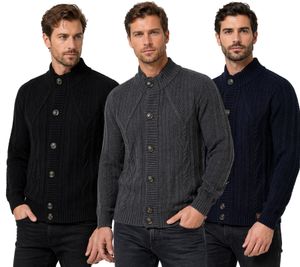 Cardigan classique pour homme en grosse maille, col montant et patte de boutonnage - Cardigan texturé 13401 - Noir, marine ou gris