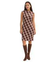 Robe chic à carreaux pour femme, robe de soirée, mini-robe, sans manches, 938009 Marron/Blanc