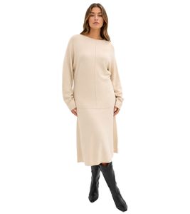 Cozy Women's Knit Dress with Color-Coordinated Decorative Stitching, Midi Dress 938974 Sand-Beige