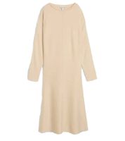 Abito midi da donna in maglia con cuciture decorative in tinta, modello 938974, colore sabbia-beige