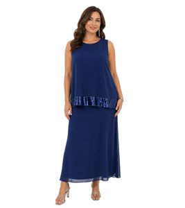 Vestido largo de mujer en georgette fino con lentejuelas, vestido de noche sin mangas 975925 Azul oscuro