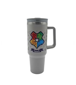 Tazza termica grande di Harry Potter Hogwarts da 1,2 l con manico, in acciaio inox a doppia parete, isolata per bevande calde e fredde, grigia