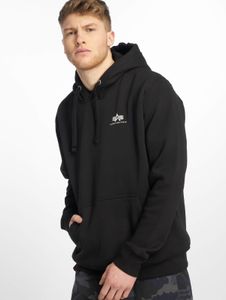 Comfortable Alpha Industries men's hoodie with large hood, drawstring, cotton, black