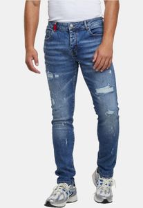 Cómodos pantalones vaqueros de hombre 2Y Premium, corte ajustado, elásticos, con cremallera y de algodón azul.