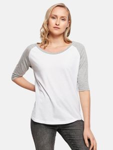 sportliches Build Your Brand Damen T-Shirt Rippbündchen 140 g/m² mit Baumwolle Weiß/Grau