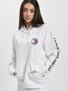 Sweat à capuche Tommy Jeans pour femme, style décontracté, avec cordon de serrage et poignets côtelés, en coton blanc.