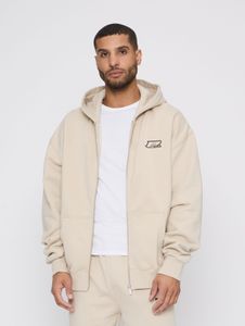 Comfortable PEGADOR men's hoodie with zipper, ribbed cuffs, cotton, beige