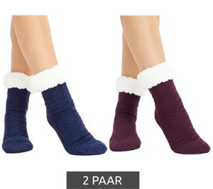 2 Paar wärmende Kinder Haussocken warme Winter-Strümpfe Stopper-Socken mit Teddy-Futter 921382 Blau/Lila