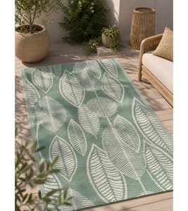 Tappeto moderno da esterno con motivo a foglie, tappeto da giardino, tappeto decorativo, circa 90 x 150 cm, verde/bianco
