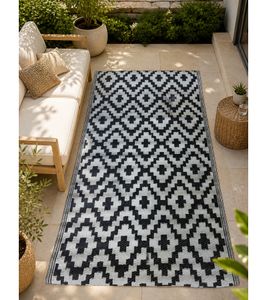 Tappeto moderno da esterno con motivo a rombi, tappeto da giardino, tappeto decorativo, circa 90 x 150 cm, bianco/nero