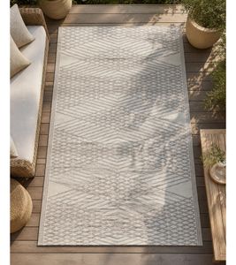 Moderner Outdoor-Teppich im Rauten-Design mit Fischgrätstruktur Garten-Teppich Dekoteppich ca.90 x 150cm Weiß/Grau