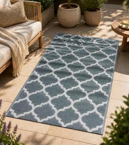 Tappeto moderno da esterno con motivo a griglia, tappeto da giardino, tappeto decorativo, circa 90 x 150 cm, blu/bianco