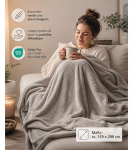 Coperta accogliente , certificata Oeko-Tex Standard 100, in microfibra, circa 150x200 cm, grigio chiaro