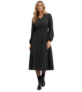 Abito lungo classico da donna con scollo a V, maniche lunghe e stampa a pois, 943659 Nero