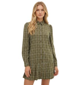 Robe-chemise décontractée pour femme, mini-robe en coton mélangé à carreaux verts 956372