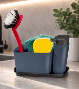 Organizzatore per lavello con pratico foro di scarico - Porta utensili per piatti, Blu/Grigio