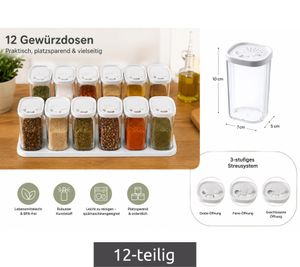 12-Piece Plastic Spice Shaker Set with Lids and 2 Racks – 250 ml Spice Containers for Spices, Herbs, Pepper, and Salt – Transparent/White