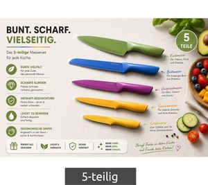 Set di 5 coltelli in acciaio inox con protezioni per lame e rivestimento antiaderente 9857684, colori assortiti