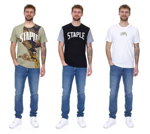 T-shirt da uomo STAPLE in cotone con stampa sul davanti o sul retro, girocollo, bianca, nera o verde oliva