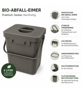 Pattumiera per rifiuti organici da 5 litri con maniglia per il trasporto, 24 x 16 x 15 cm, 9977753, grigia