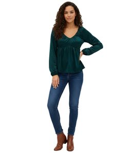 Chemisier tendance en jersey vert à col V et volants - Manches longues 949372