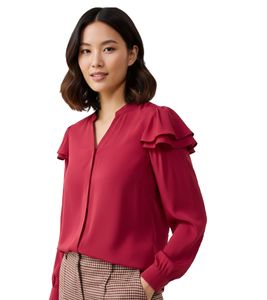 Chemisier à manches longues pour femme, en mélange de soie rouge (réf. 927834)