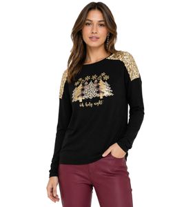 Pull à manches longues pour femme, motif Noël, imprimé sequins et paillettes, noir et or (réf. 956436)