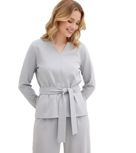 Pull à manches longues pour femme avec ceinture à nouer large, en viscose mélangée, gris 929960