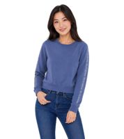 bruno banani Damen Rundhals-Pullover mit Marken-Schriftzug an Ärmel verlaufend Baumwoll-Sweater Langarm-Shirt Blau