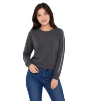 bruno banani Damen Rundhals-Pullover mit Marken-Schriftzug an Ärmel verlaufend Baumwoll-Sweater Langarm-Shirt Anthrazit