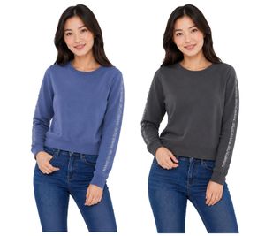 Pull col rond femme Bruno Banani avec logo sur les manches, manches longues en coton, bleu ou anthracite