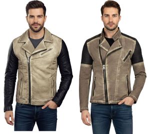 Blouson motard homme décontracté, effet délavé, manches en similicuir, coupe slim, idéal pour la mi-saison, beige ou camel