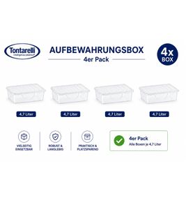 4er Set Tontarelli Aufbewahrungsbox je 4,7 Liter Fassungsvermögen Stapelbare Vorratsboxen mit Deckel 32,7 x 19 x 19 cm Transparent/Weiß