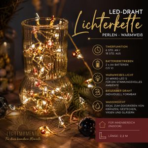 Guirlande lumineuse Sparkling Light Moments avec minuterie, 2,2 mètres, 20 micro-LED blanc chaud, fil LED, 7566784 Or