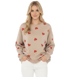 Sweat-shirt pour femme ZWILLINGSHERZ à motif petits cœurs – Pull d'hiver à col rond (Beige/Rouge, 47056-29)