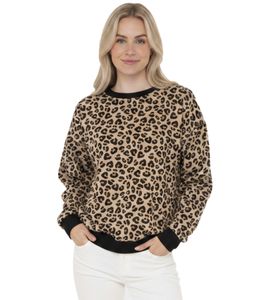 Pull pour femme ZWILLINGSHERZ style sweat à motif léopard – Motif animalier intégral, col rond, pull d'hiver (47053-29 Beige/Noir)