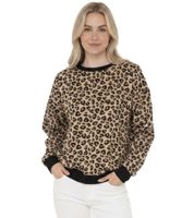 Pull pour femme ZWILLINGSHERZ style sweat à motif léopard – Motif animalier intégral, col rond, pull d'hiver (47053-29 Beige/Noir)