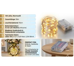Guirlande lumineuse étanche STERN FABRIK Micro LED pour intérieur avec minuterie, 10 mètres, 100 ampoules LED blanc chaud, câble LED 8957695