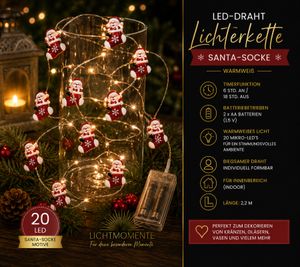 Guirlande lumineuse LED étanche LIGHT MOMENTS, motif chaussette de Père Noël, minuterie, 2,2 mètres, 20 micro-LED blanc chaud, 9843954 Argent
