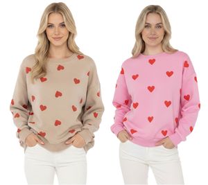 Pull pour femme ZWILLINGSHERZ style sweat à motif cœurs – Pull d'hiver à col rond (Modèle 47056 : Beige/Rouge ou Rose/Rouge)