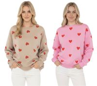 Maglione da donna ZWILLINGSHERZ stile felpa con stampa a cuori – Pullover invernale a girocollo (Modello 47056: Beige/Rosso o Rosa/Rosso)