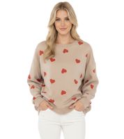 Maglione da donna ZWILLINGSHERZ stile felpa con stampa a cuori – Pullover invernale a girocollo (Modello 47056: Beige/Rosso o Rosa/Rosso)