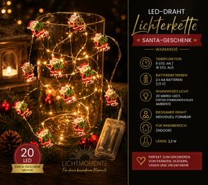 Guirlande lumineuse LED étanche LIGHT MOMENTS, motif cadeau du Père Noël, minuterie, 2,2 mètres, 20 micro-LED blanc chaud, argent 9843553