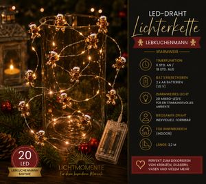 Guirlande lumineuse LED étanche LICHTMOMENTE, motif bonhomme en pain d'épice, minuterie, 2,2 mètres, 20 micro-LED blanc chaud, argent 9843855