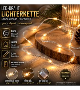 Stylish LICHTMOMENTE LED wire string light with decorative ribbon, timer function, 3.2 meters, 20 warm-white micro-LEDs (Model 9844144, Silver)