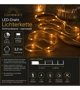 Stylish LICHTMOMENTE LED wire string light with decorative ribbon and timer function – 3.2 meters, 20 warm-white micro LEDs (Gold, Model 9844343)