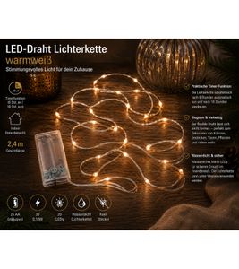 Sparkling LICHTMOMENTE LED wire string lights with timer function, 2.4 meters, 20 warm-white micro-LEDs, 9843441 Silver