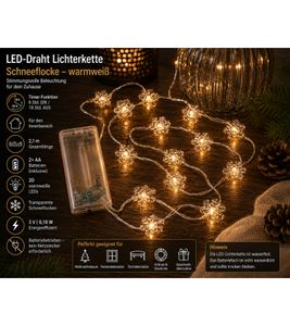 Atmospheric LICHTMOMENTE LED wire string light with snowflake motif, timer function, 2.1 meters, 20 warm-white micro-LEDs (Model 9844442, Silver)